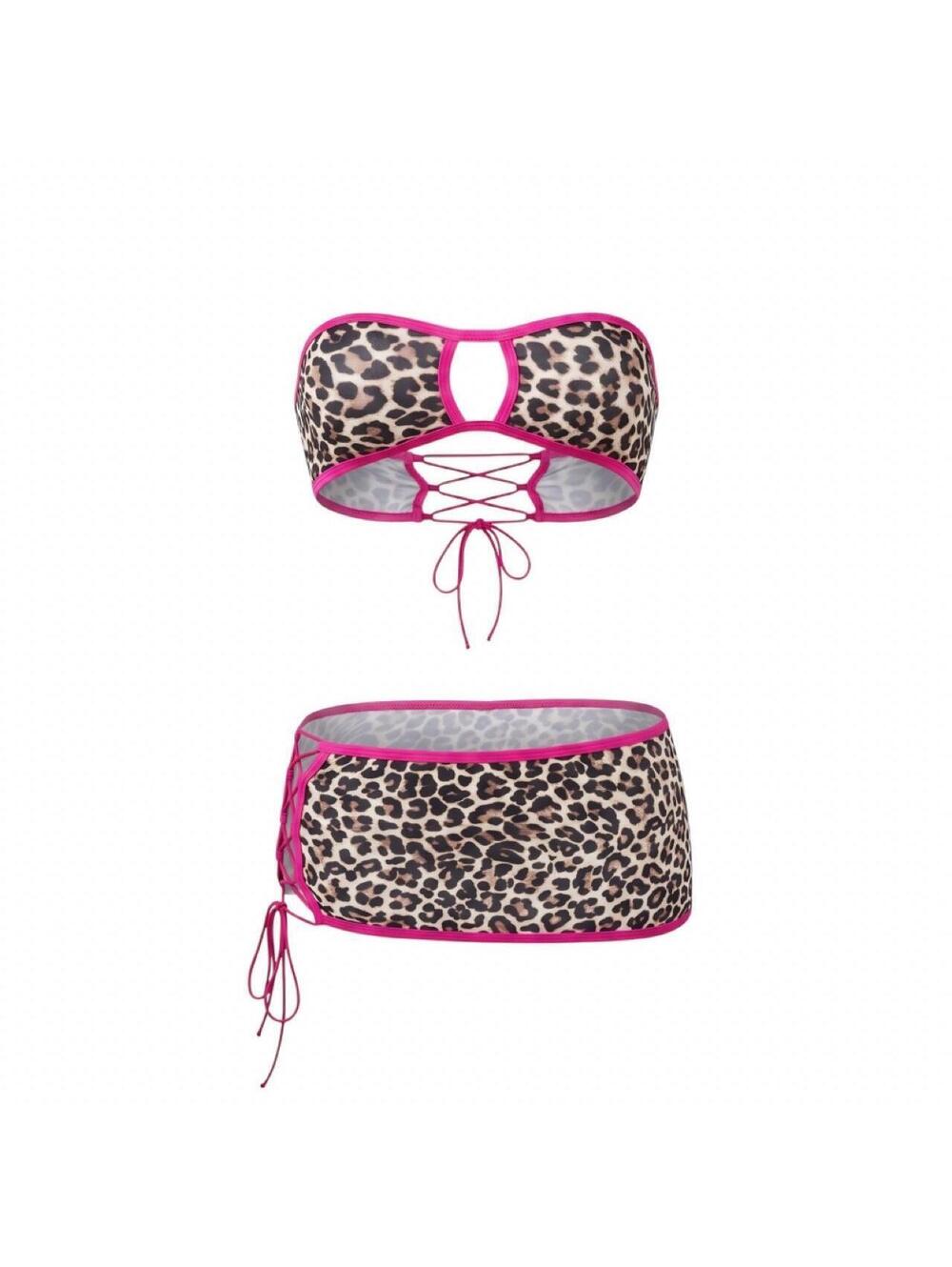 Leopard Print Hot Pink Trim Laced Two-Piece Skirt Set
